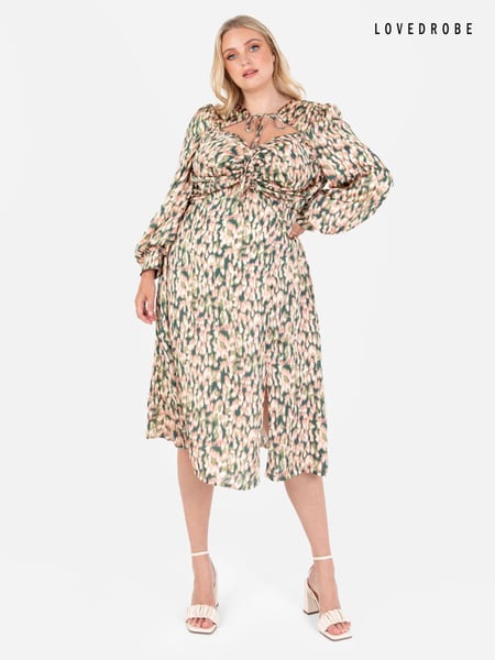 Lovedrobe Green Printed Twist Front Tie Neck Satin Midi Dress (Q89509) | € 23