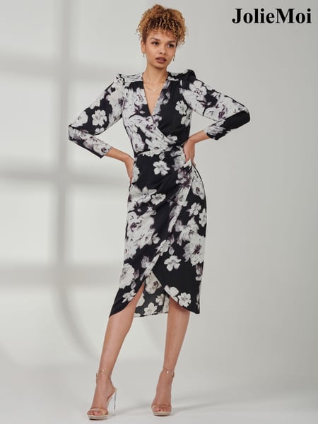 Jolie Moi Black Print Satin Wrap Bodycon Dress (Q90921) | € 42