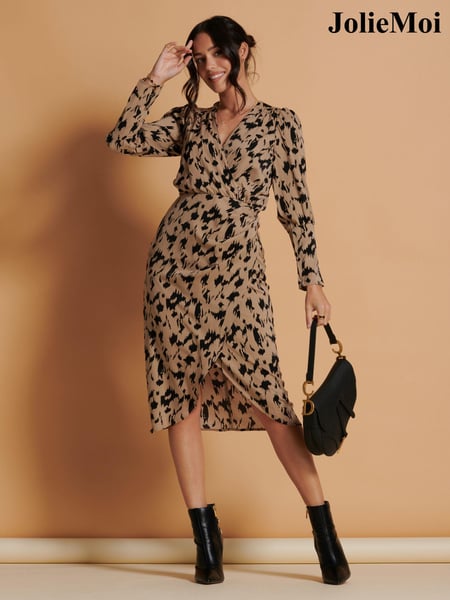 Jolie Moi Brown Leopard Print Wrap Detail Bodycon Dress (Q90923) | € 94