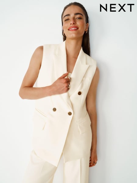 Ecru Longline Sleeveless Double Breasted Blazer (Q91154) | € 35