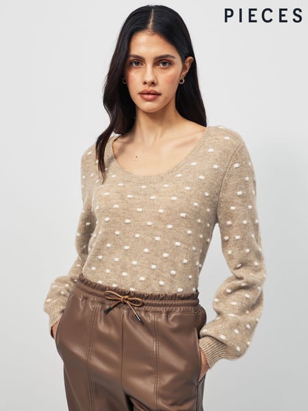 PIECES Cream Long Sleeve Textured Polka Dot Jumper (Q92215) | € 27