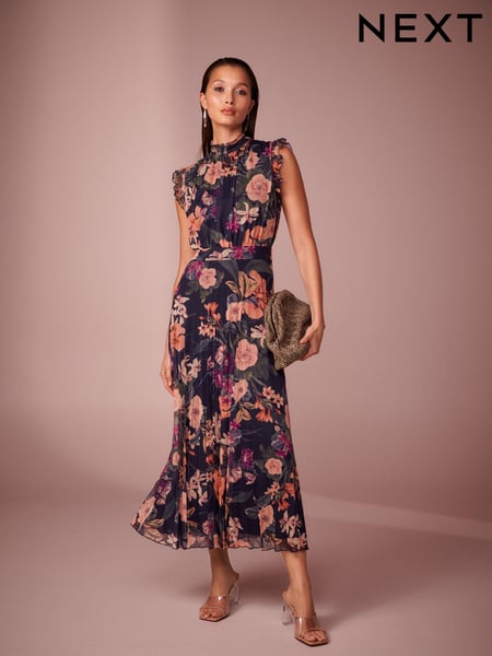 Navy Floral Print Pleated Mesh Floral Occasion Midi Dress (Q92439) | € 50