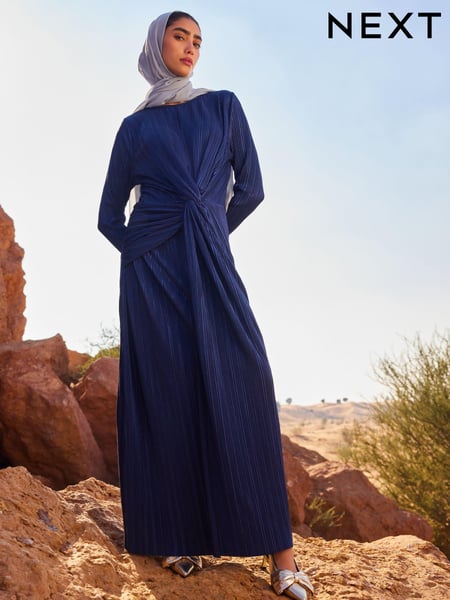 Navy Blue Plisse Long Sleeve Knotted Dress (Q93378) | € 19