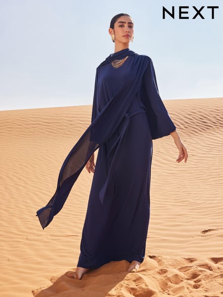 Navy Long Sleeve Scarf Maxi Dress (Q93751) | € 26