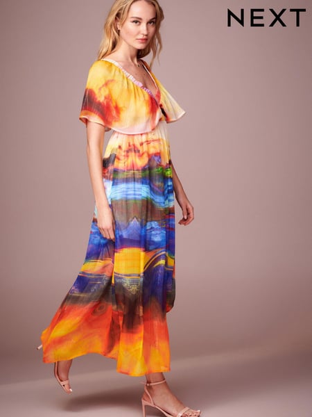 Multi Scenic Print Angel Sleeve Tiered Maxi Dress (Q93802) | € 21