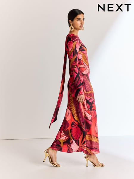 Red/Pink Abstract Floral Long Sleeve Scarf Maxi Dress (Q94577) | € 22