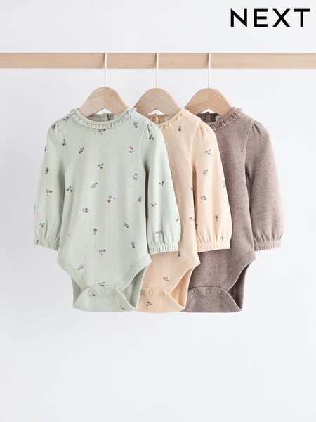 Sage Green/ Tan Brown Floral Baby Long Sleeve 100% Cotton Bodysuits 3 Pack (Q95142) | € 16 - € 18