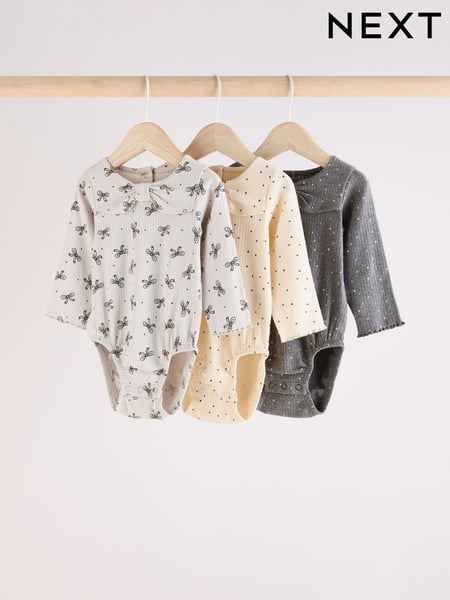Grey Bow Neckline Baby Long Sleeve 100% Cotton Bodysuits 3 Pack (Q95149) | € 18 - € 19