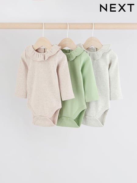Sage Green/ White/ Grey Pointelle Baby Long Sleeve 100% Cotton Bodysuits 3 Pack (Q95156) | € 23 - € 26