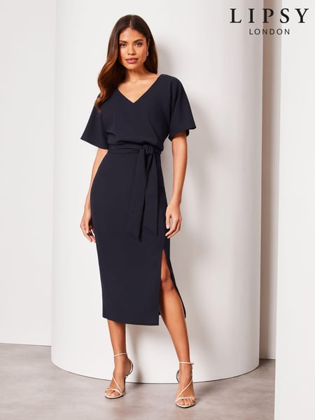Lipsy Navy Blue Petite V Neck Flutter Sleeve Belted Midi Dress (Q97815) | € 25