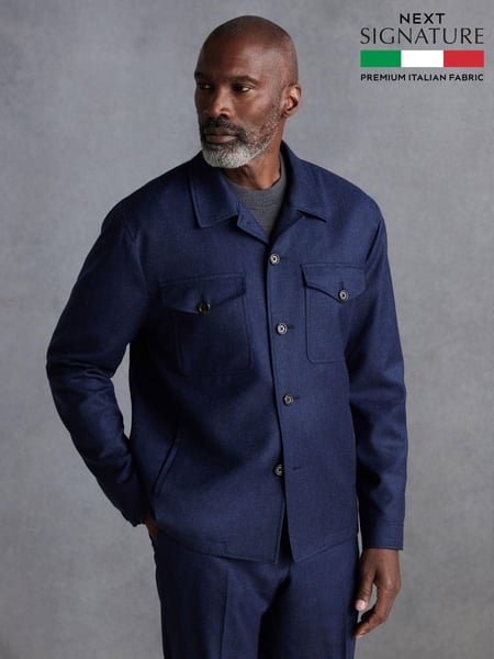Blue Slim Fit Signature Zignone Italian Wool Flannel Shacket (Q99029) | € 44