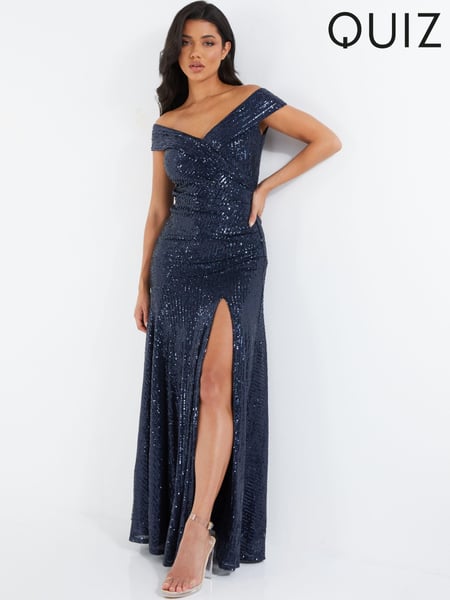 Quiz Navy Blue Sequin Bardot Ruched Maxi Dress (R01520) | € 39