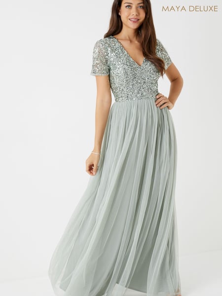 Maya Sage-Green Petite V Neck Short Sleeve Sequin Maxi Dress (R05678) | € 42