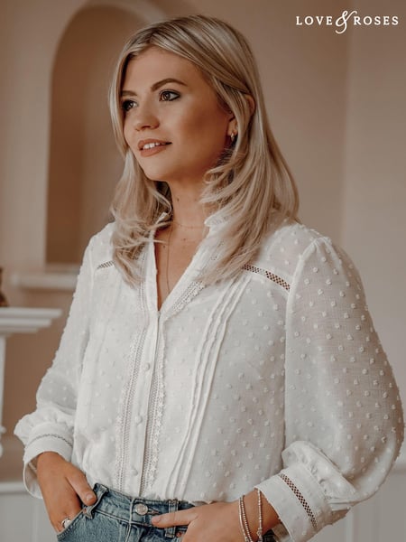 Love & Roses Ivory Dobby Polka Dot Lace Trim 3/4 Sleeve Button Through Blouse (R07720) | € 39