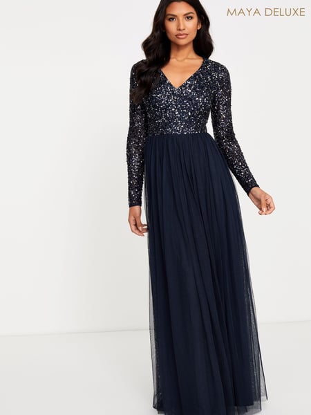 Maya Navy Blue Petite V Neck Long Sleeve Sequin Maxi Dress (R50275) | € 29