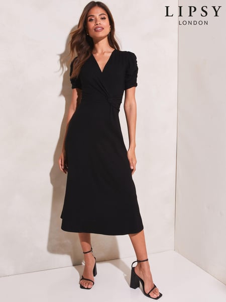 Lipsy Black Petite Jersey Short Ruched Sleeve Knot Side Midi Dress (R52345) | € 31