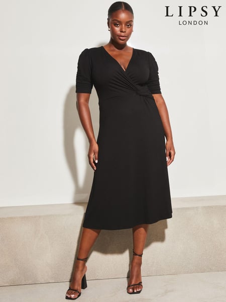 Lipsy Black Curve Jersey Short Ruched Sleeve Knot Side Midi Dress (R64069) | € 35