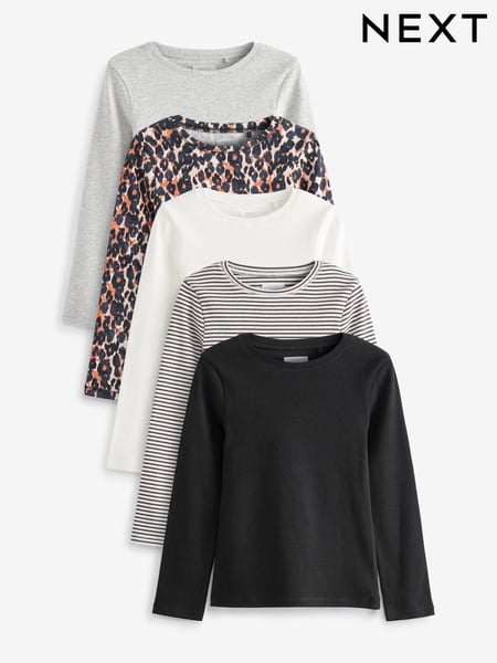 Black/Animal/White/Stripe 5 Pack Ribbed Long Sleeve Tops (3-16yrs) (T28141) | € 34 - € 43