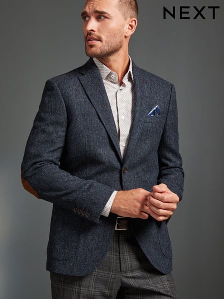 Navy Blue Signature Moons British Wool Textured Blazer With Elbow Patches (T44518) | € 50
