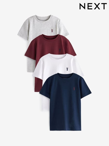 Burgundy Red/White Short Sleeve Stag Embroidered T-Shirts 4 Pack (3-16yrs) (T49939) | € 28 - € 37
