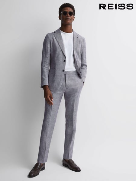 Reiss Navy Squad Linen Dogtooth Adjuster Regular Fit Trousers (T55234) | € 246