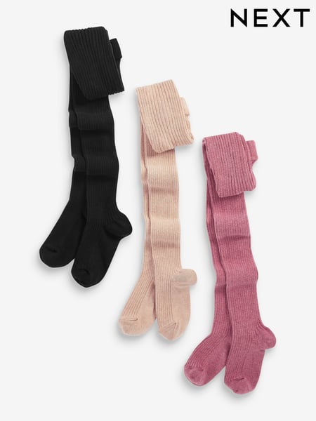 Pink/Honey Cream/Black 3 Pack Cotton Rich Rib Tights (T55772) | € 21 - € 30
