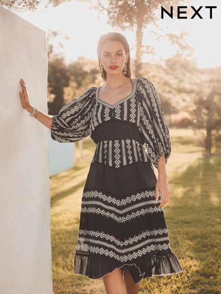 Black Textured Print Volume Sleeve Midi Dress (T60463) | € 28