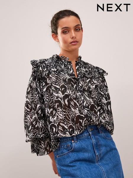 Black and White Feather Print Ruffle Shirred Long Sleeve Blouse (T60824) | € 9
