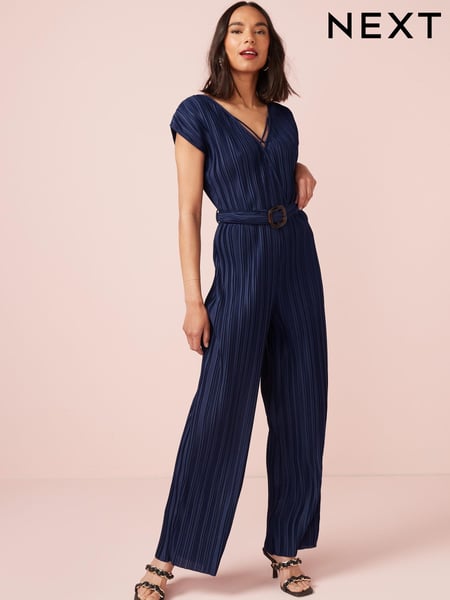 Navy Blue Plissé Belted Jumpsuit (T67612) | € 27