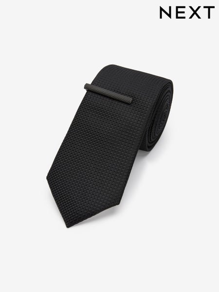 Black Slim Textured Tie And Clip Set (T79824) | € 21