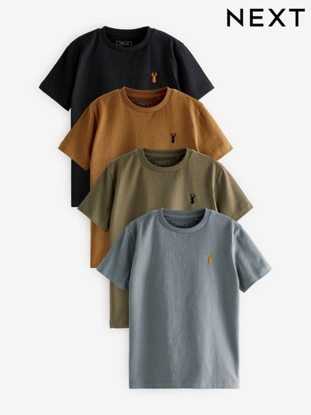 Grey/Black/Khaki Green/Tan Brown Short Sleeve Stag Embroidered T-Shirts 4 Pack (3-16yrs) (U06032) | € 28 - € 37
