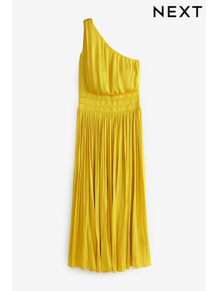 Yellow Satin One Shoulder Pleated Midi Dress (U10876) | € 29