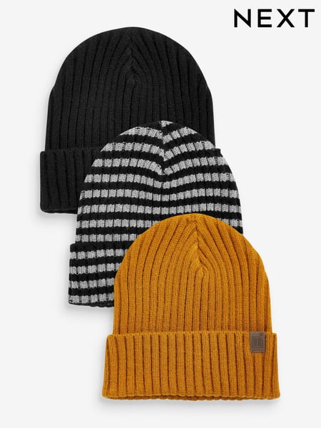 Black/Grey/Ochre Yellow 3 Pack Knitted Rib Beanies (1-16yrs) (U15840) | € 3 - € 7