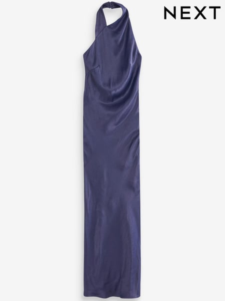 Navy Blue Satin Halter Neck Midi Dress (U17194) | € 17