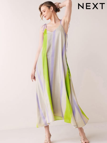 Multi Bright Satin Painterly Stripe Print Midi Slip Dress (U19380) | € 22