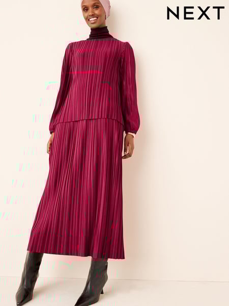 Raspberry Pink Satin Plissé Layered Longline Dress (U22448) | € 43