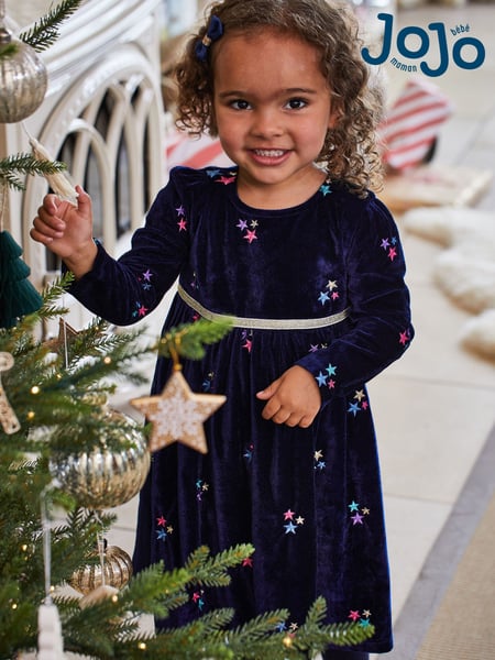 JoJo Maman Bébé Navy Star Embroidered Velour Party Dress (U29488) | € 51