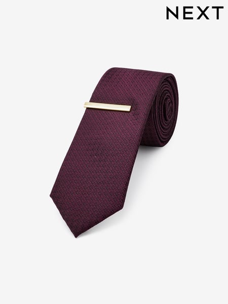 Burgundy Red Slim Textured Tie And Clip Set (U34027) | € 12