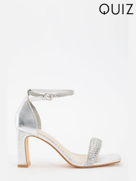 Quiz Silver PU Diamante Strap Heel Sandals (U37209) | € 13