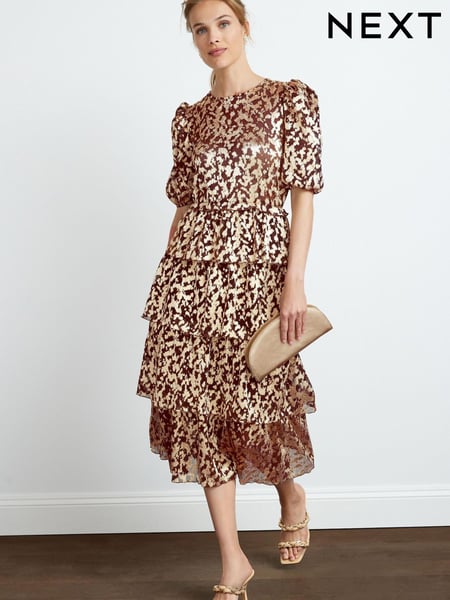 Brown Foil Print Plissé Tiered Short Sleeve Midi Dress (U39005) | € 32