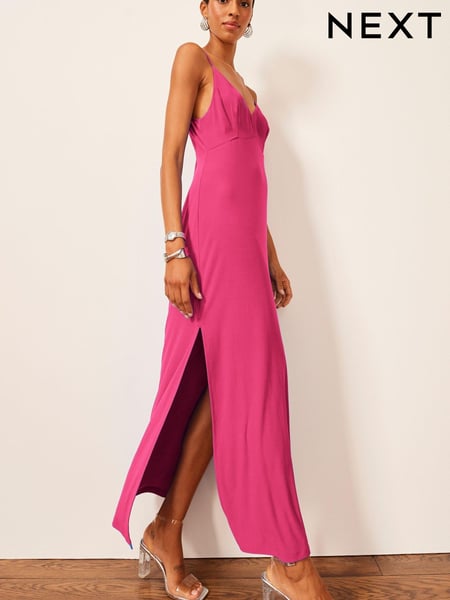 Pink Satin Slip V-Neck Sleeveless Midi Dress (U64093) | € 32