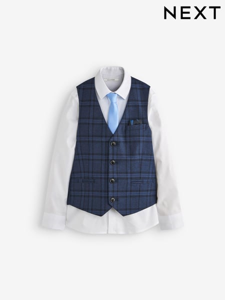 Blue Check Waistcoat, White Shirt & Tie Set Waistcoat (12mths-16yrs) (U64135) | € 31 - € 40