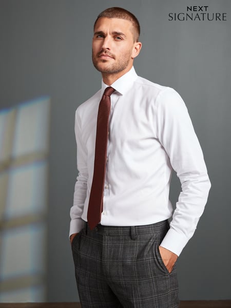White Slim Fit Signature Premium 100% Cotton Textured Long Sleeve Single Cuff Shirt (U68502) | € 18