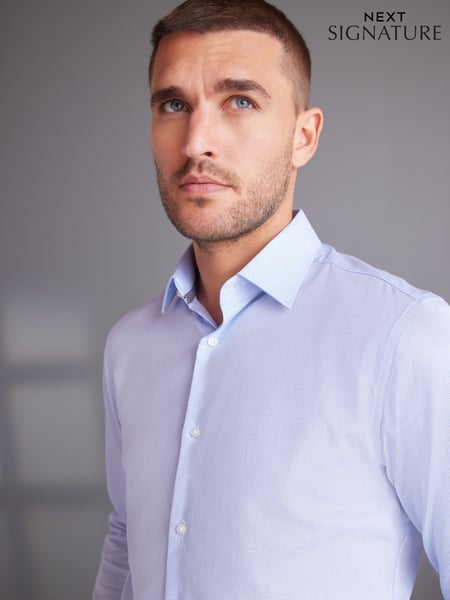 Light Blue Slim Fit Signature Premium 100% Cotton Textured Long Sleeve Single Cuff Shirt (U68508) | € 18