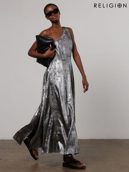 Religion Silver One Shoulder Maxi Dress In Silver Foil Textured Fabric (U75344) | € 78