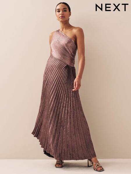 Pink One Shoulder Metallic Pleated Midi Dress (U76903) | € 23