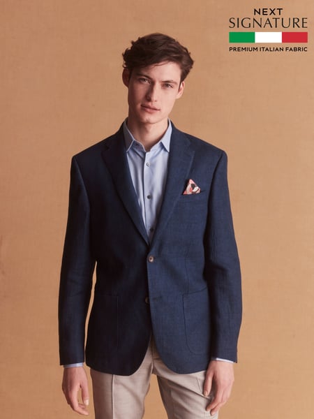 Navy Blue Signature Leomaster Linen Blazer (U81819) | € 297