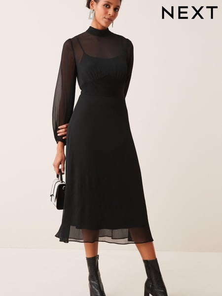 Black Long Sleeve High Neck Sheer Layer Midi Dress (U87295) | € 36