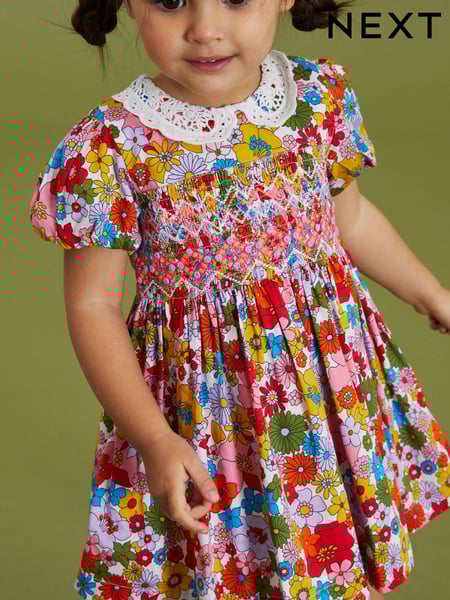 Multi Bright Retro Printed Lace Collar Shirred Cotton Dress (3mths-8yrs) (U89986) | € 18 - € 23