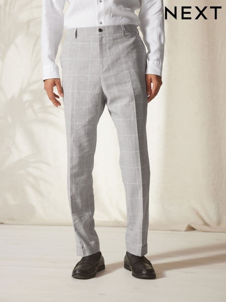 Light Grey Slim Fit Linen Blend Check Suit: Trousers (U95955) | € 8